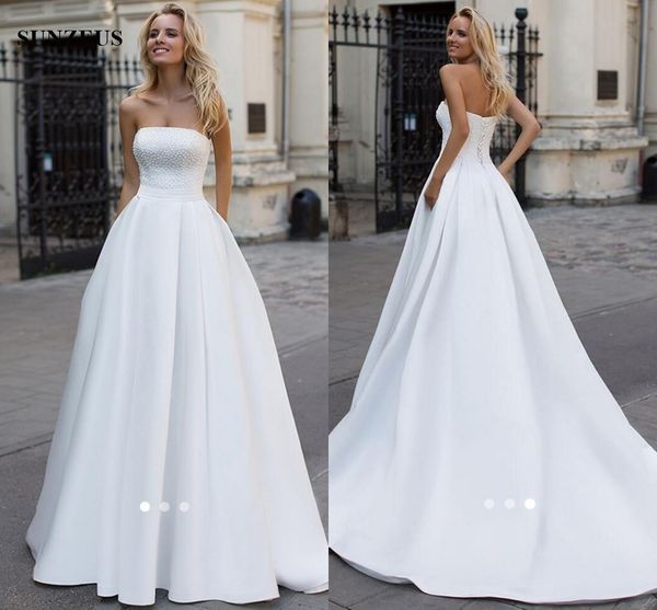 Long White Satin Wedding Dresses A-line Strapless Beaded Bridal Gowns 2017 Simple Elegant Women Dress For Wedding
Long White Satin Wedding Dresses A-line Strapless Beaded Bridal Gowns 2017 Simple Elegant Women Dress For Wedding
