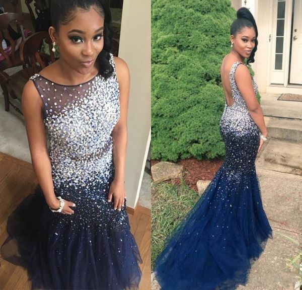 navy blue tulle mermaid prom dresses 2017 sheer neck sleeveless rhinestones crystal beading backless evening dresses long sweep train, Black
navy blue tulle mermaid prom dresses 2017 sheer neck sleeveless rhinestones crystal beading backless evening dresses long sweep train, Black