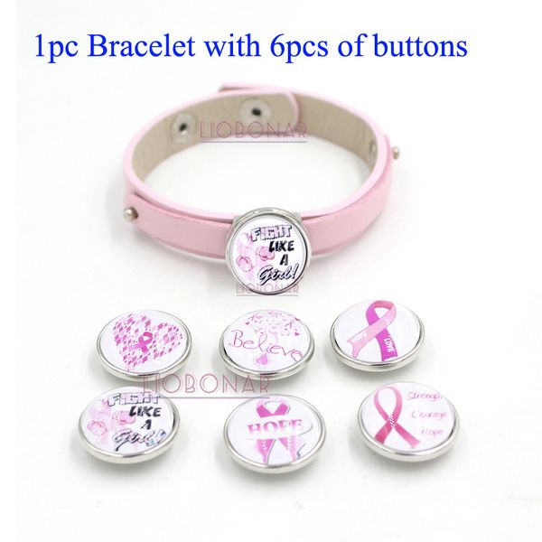 

1pc bracelet 6pcs buttons interchangeable snap jewelry leather wrap bangles pink ribbon breast cancer awareness snap bracelets for women, Golden;silver