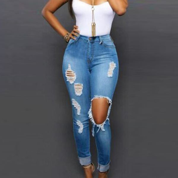 wholesale- high waisted cotton denim tight skinny women ripped jeans big hole in knee washed elastic sculpt butt lifting tight pencil jeans, Blue
wholesale- high waisted cotton denim tight skinny women ripped jeans big hole in knee washed elastic sculpt butt lifting tight pencil jeans, Blue