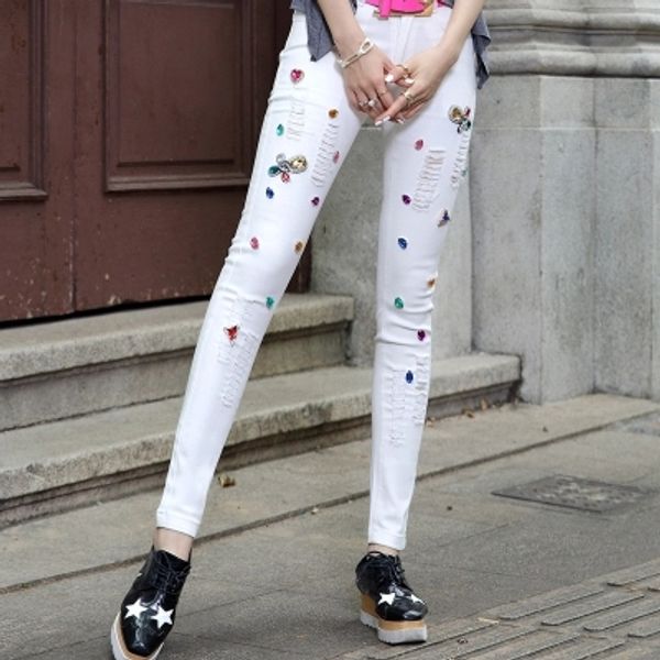 wholesale- summer new white jeans women trousers mid waist all-match jeans lady casual pants skinny stretch ripped beading jeans c019, Blue
wholesale- summer new white jeans women trousers mid waist all-match jeans lady casual pants skinny stretch ripped beading jeans c019, Blue