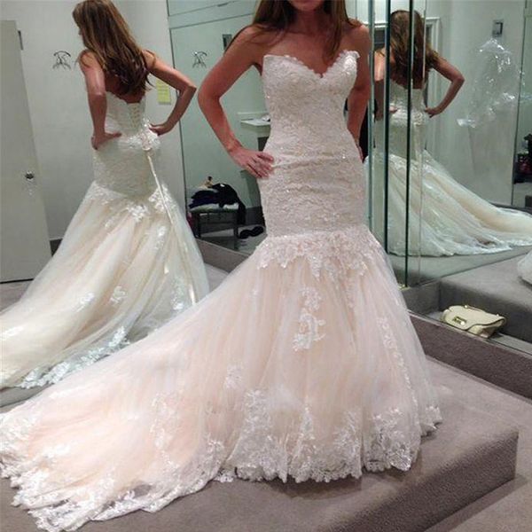 сексуальное русалка свадебное платье vestido de novia милая кружевные аппликации без рукавов тюль свадебные платья корсет назад суд поезд, White
сексуальное русалка свадебное платье vestido de novia милая кружевные аппликации без рукавов тюль свадебные платья корсет назад суд поезд, White