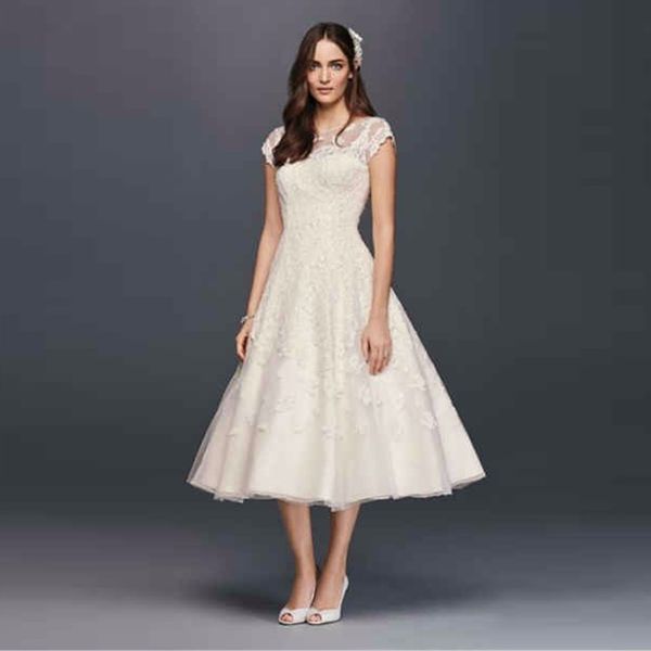 cap sleeve illusion wedding dress lace designer tea-length wedding gown beading crystal bridal gowns vestido de noiva cmk513, White
cap sleeve illusion wedding dress lace designer tea-length wedding gown beading crystal bridal gowns vestido de noiva cmk513, White