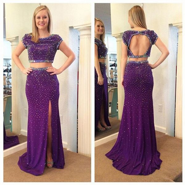 2 pieces purple prom dresses backless short sleeve diamonds beaded chiffon sheath floor length new party gowns custom size, Black
2 pieces purple prom dresses backless short sleeve diamonds beaded chiffon sheath floor length new party gowns custom size, Black