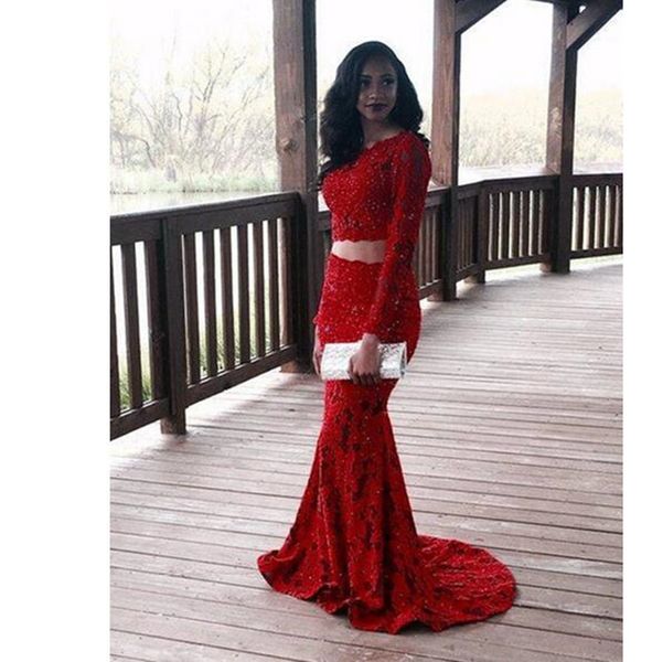 two piece mermaid red prom gowns long sleeve lace evening dress jewel neck beaded custom size vintage party gowns robe de soiree, Black
two piece mermaid red prom gowns long sleeve lace evening dress jewel neck beaded custom size vintage party gowns robe de soiree, Black