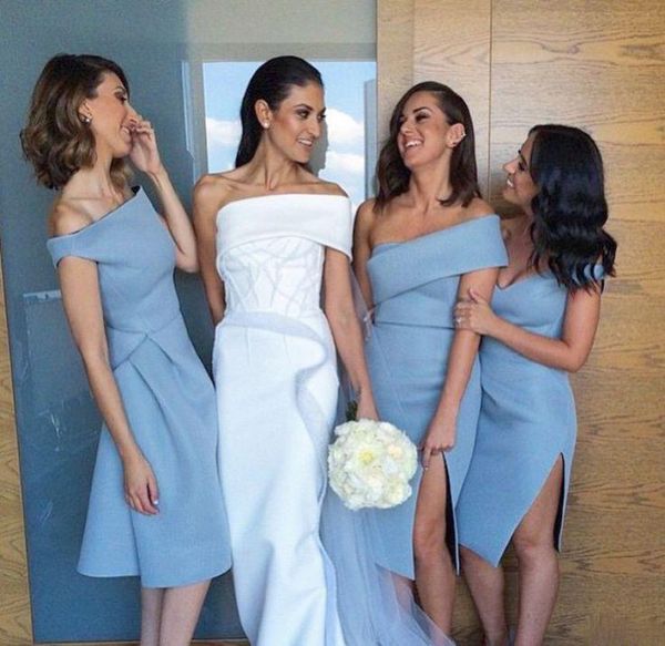unique beach bridesmaid dresses sleeves backless knee length formal wedding guest gowns with sheath off shoulder sky blue satin cheap, White;pink
unique beach bridesmaid dresses sleeves backless knee length formal wedding guest gowns with sheath off shoulder sky blue satin cheap, White;pink