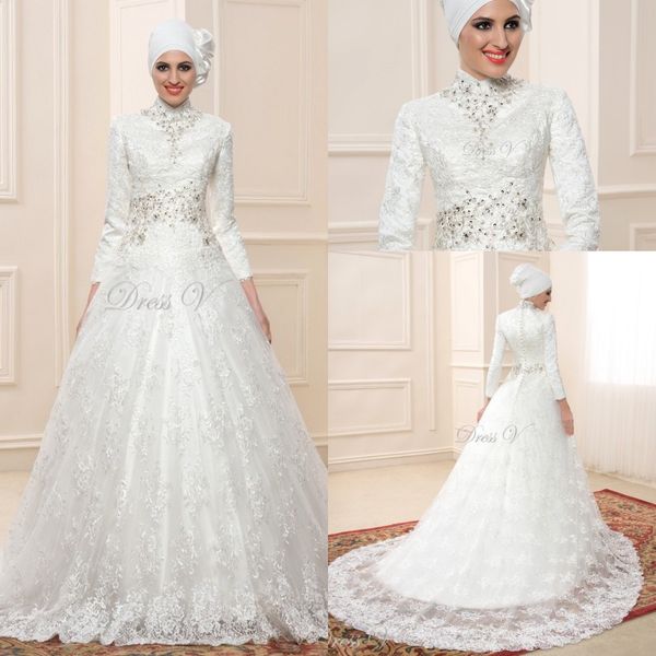 lace long sleeve muslim wedding dresses hijab vintage bridal gown high neck islam kaftan chapel train plus size kaftan, White
lace long sleeve muslim wedding dresses hijab vintage bridal gown high neck islam kaftan chapel train plus size kaftan, White
