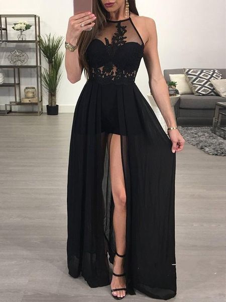 2k18 summer black chiffon sheer halter a-line prom dresses sleeveless front split sweep train lace applique party evening dress custom made
2k18 summer black chiffon sheer halter a-line prom dresses sleeveless front split sweep train lace applique party evening dress custom made
