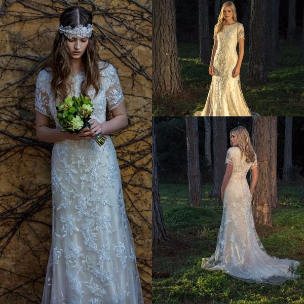 2016 long mermaid modest vintage lace bohemian wedding dresses short sleeves button jewel neck bridal gowns robe de mariage, White
2016 long mermaid modest vintage lace bohemian wedding dresses short sleeves button jewel neck bridal gowns robe de mariage, White