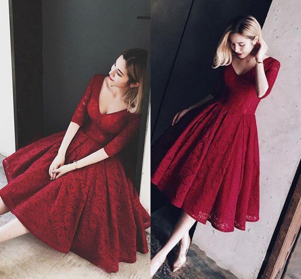 dark red full lace short evening dress with sleeves a-line tea length vintage bridal gowns 50s beach prom party dresses 2018, Black;red
dark red full lace short evening dress with sleeves a-line tea length vintage bridal gowns 50s beach prom party dresses 2018, Black;red