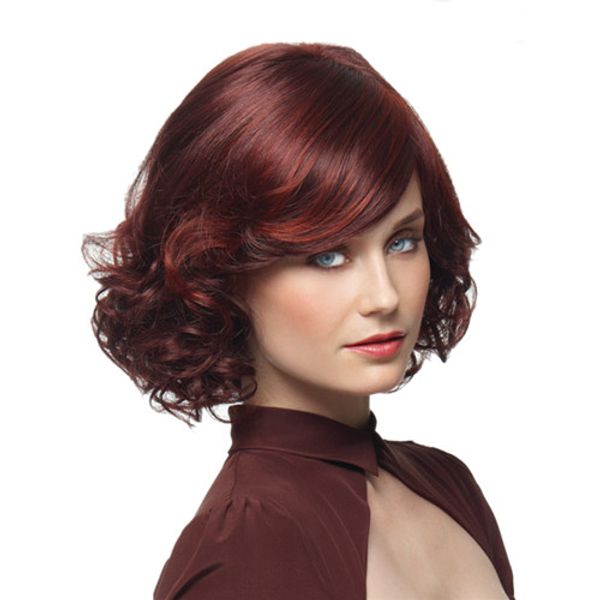 

wig medium long curly wave burgundy fashion pear side bang red wine hair synthetic wigs, Black