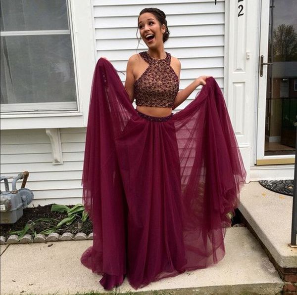 two piece o-neck prom dresses dark red beading prom dresses tulle a-line evening dresses, Black
two piece o-neck prom dresses dark red beading prom dresses tulle a-line evening dresses, Black