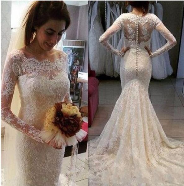 vintage lace mermaid wedding dresses 2017long sleeves wedding gowns covered buttons court train bridal dress custom made sheer, White
vintage lace mermaid wedding dresses 2017long sleeves wedding gowns covered buttons court train bridal dress custom made sheer, White