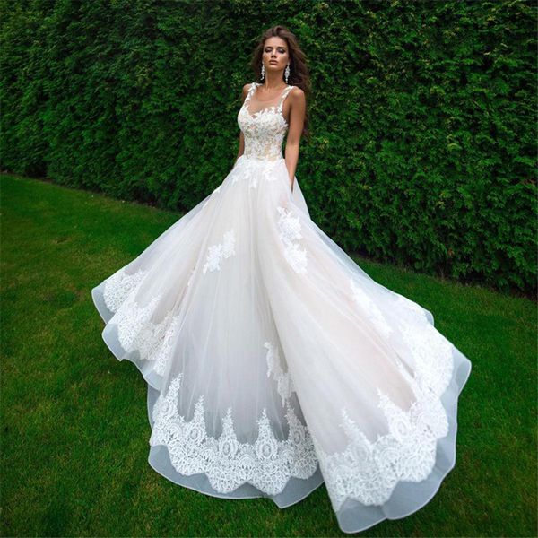 champagne and ivory sheer wedding dresses floor length a-line applique bridal gown vestido de noiva robe de mariage, White
champagne and ivory sheer wedding dresses floor length a-line applique bridal gown vestido de noiva robe de mariage, White