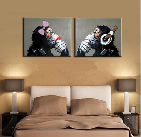 2panels of boy and girl lovely gorilla,genuine hand painted wall decor abstract animal art oil painting on canvas ali-mei 
2panels of boy and girl lovely gorilla,genuine hand painted wall decor abstract animal art oil painting on canvas ali-mei