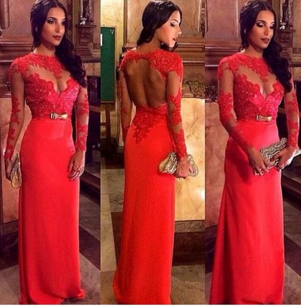 evening gowns backless crew neckline floor length long lace sleeve red chiffon prom dresses custom made, Black
evening gowns backless crew neckline floor length long lace sleeve red chiffon prom dresses custom made, Black