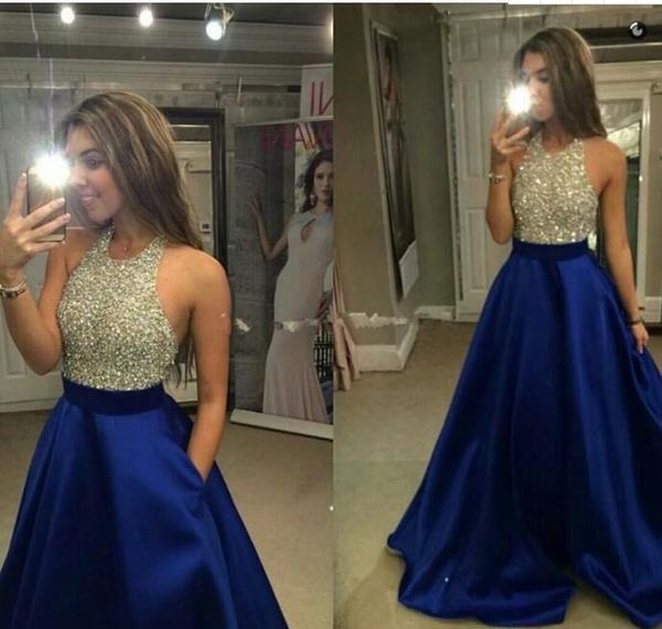 royal blue satin prom dresses for women long with beading pocket halter floor length zipper formal evening party gowns 2017, Black
royal blue satin prom dresses for women long with beading pocket halter floor length zipper formal evening party gowns 2017, Black