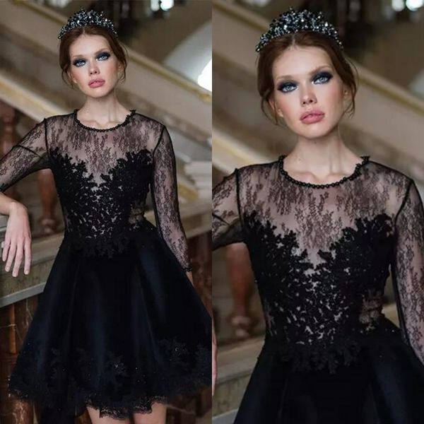latest 2017 black lace illusion long sleeve short evening dresses elegant jewel beads formal prom party gowns custom made en82218, Black;red
latest 2017 black lace illusion long sleeve short evening dresses elegant jewel beads formal prom party gowns custom made en82218, Black;red
