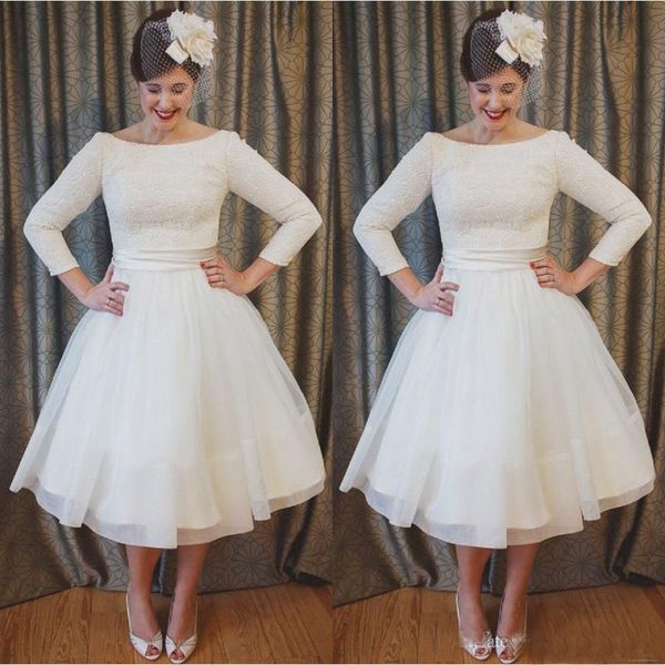 Plus Size Tea Length Lace and Chiffon Wedding Dresses Cheap A Line Beach Bridal Gowns with 3/4 Long Sleeves Elegant Custom Made