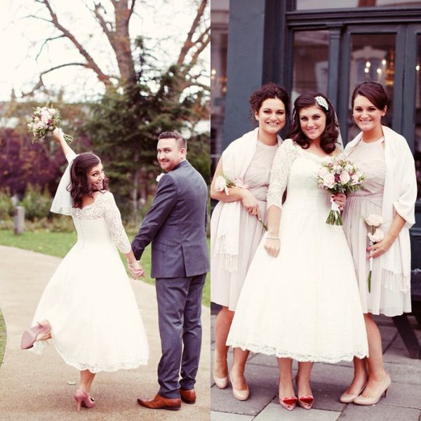 country wedding dress short tea length wedding dresses with illusion lace sleeves vintage casual scoop neck custom made bridal gowns, White
country wedding dress short tea length wedding dresses with illusion lace sleeves vintage casual scoop neck custom made bridal gowns, White