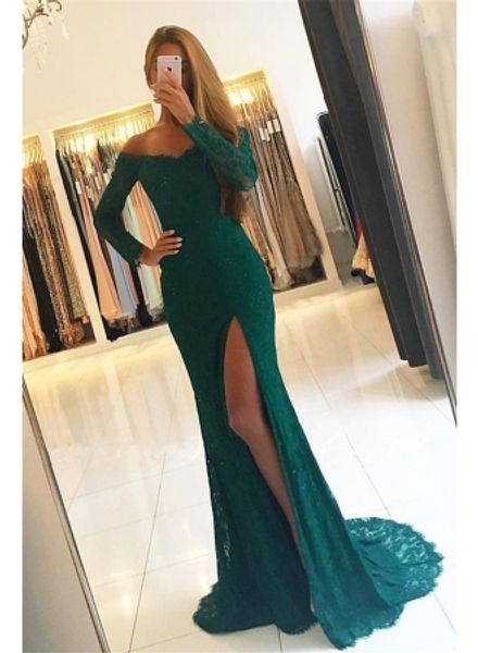 Elegant Green Off The Shoulder Prom Dresses 2018 Long Sleeves Sexy Front Split Lace Sweep Train Party Evening Dresses Custom Made, Black
Elegant Green Off The Shoulder Prom Dresses 2018 Long Sleeves Sexy Front Split Lace Sweep Train Party Evening Dresses Custom Made, Black