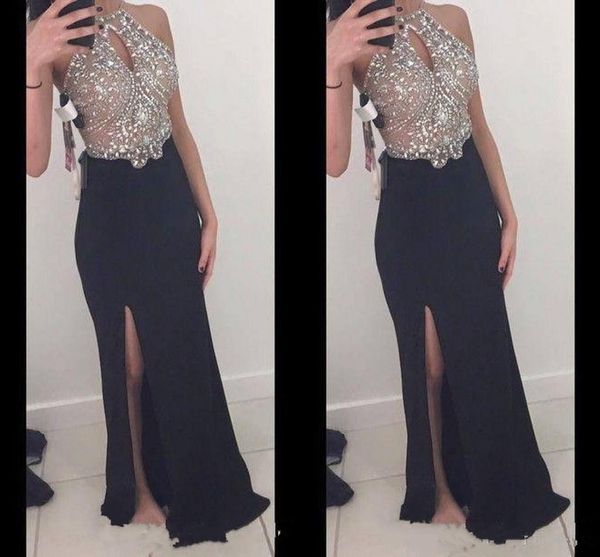 2017 sleeveless sheath illusion long prom dresses side split rhinestones beaded halter sheer bodice formal dresses evening, Black
2017 sleeveless sheath illusion long prom dresses side split rhinestones beaded halter sheer bodice formal dresses evening, Black