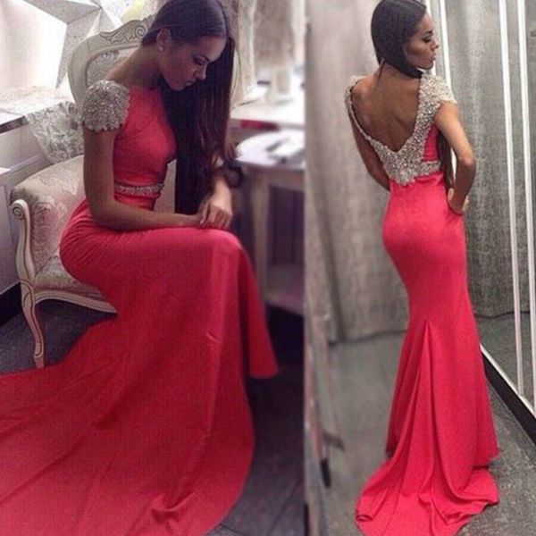 sparkly short sleeve evening dresses low back crystal dark water melon prom gowns new mermaid beadings custom made sweep train, Black
sparkly short sleeve evening dresses low back crystal dark water melon prom gowns new mermaid beadings custom made sweep train, Black