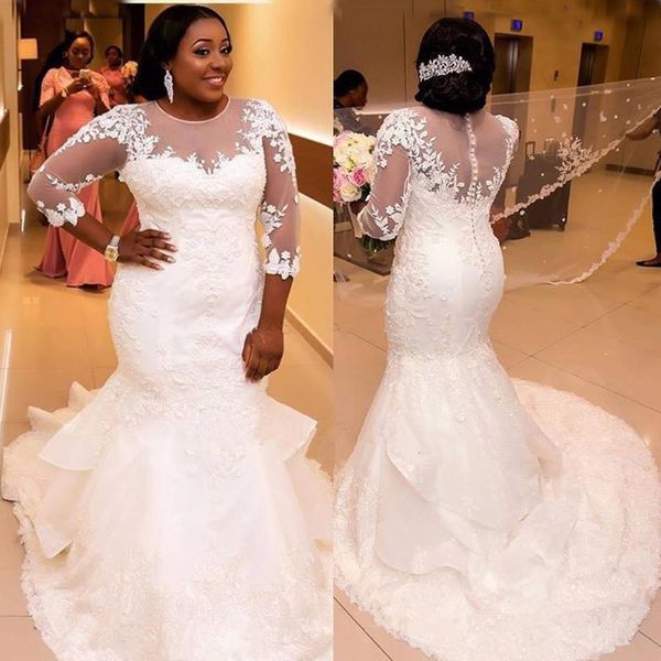 mermaid plus size wedding dresses three quarter sleeves appliques lace new elegant style bridal gowns vestido de noiva, White
mermaid plus size wedding dresses three quarter sleeves appliques lace new elegant style bridal gowns vestido de noiva, White