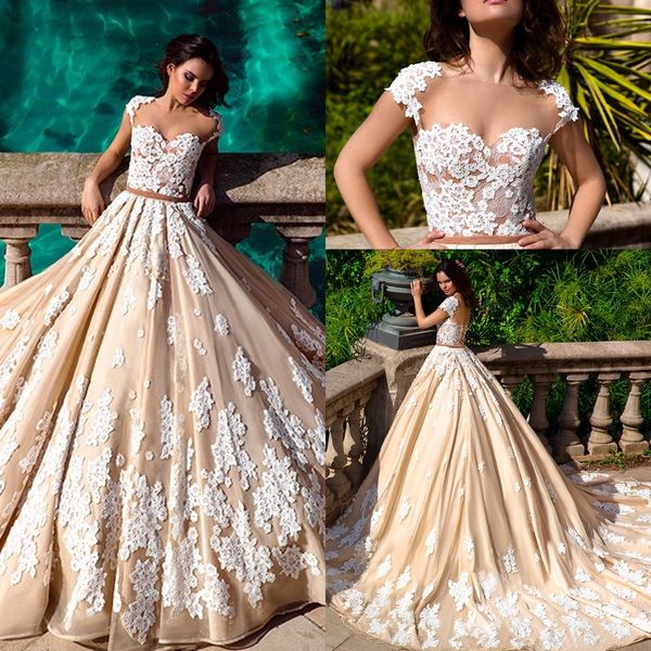 2017 lace appliques wedding dresses with cap sleeves jewel neck count train v back tulle castel bridal gowns, White
2017 lace appliques wedding dresses with cap sleeves jewel neck count train v back tulle castel bridal gowns, White