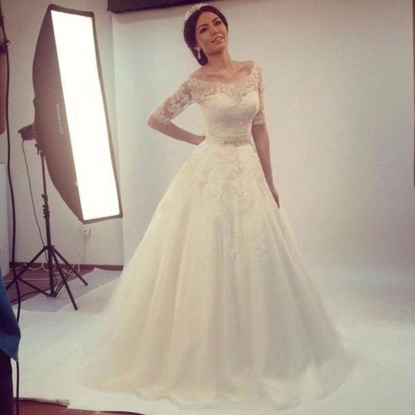 lace half sleeve wedding dresses off shoulder beads belt a line sweep train new charmingbridal gowns custom size, White
lace half sleeve wedding dresses off shoulder beads belt a line sweep train new charmingbridal gowns custom size, White
