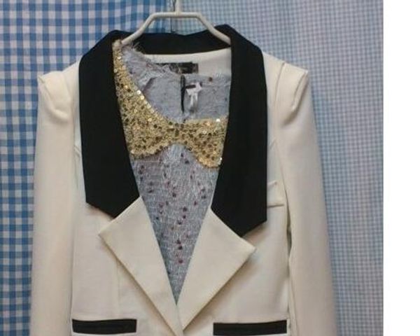 women single button lapel collar color block suit coat beige, White;black 
women single button lapel collar color block suit coat beige, White;black