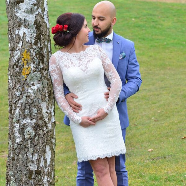 long sleeve short sheath wedding dresses jewel neck simple design vestidos de noiva mini bridal gowns custom size, White
long sleeve short sheath wedding dresses jewel neck simple design vestidos de noiva mini bridal gowns custom size, White