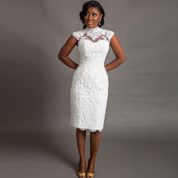 2016 corset high neck lace wedding dresses vintage sheer neck knee length wedding dress floral appliques cap sleeve african wedding gown, White
2016 corset high neck lace wedding dresses vintage sheer neck knee length wedding dress floral appliques cap sleeve african wedding gown, White