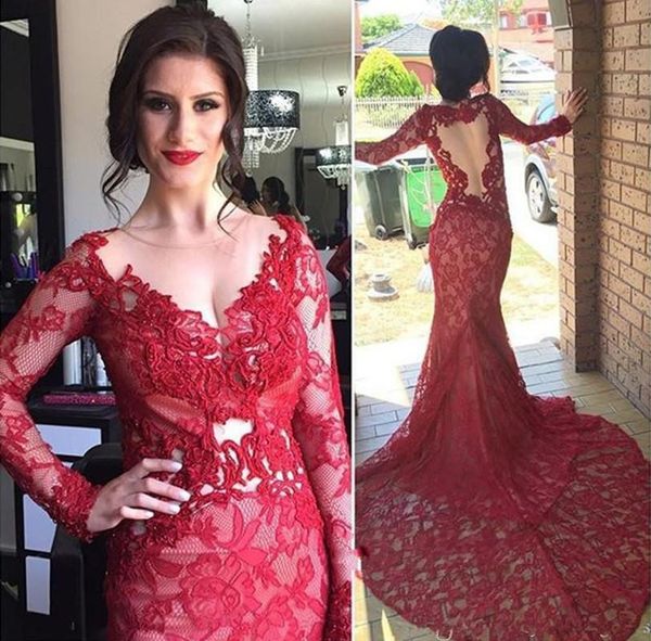 2017 red lace evening dresses see through long sleeves mermaid sheer jewel neck backless appliqued long arabic party prom gowns, Black;red
2017 red lace evening dresses see through long sleeves mermaid sheer jewel neck backless appliqued long arabic party prom gowns, Black;red