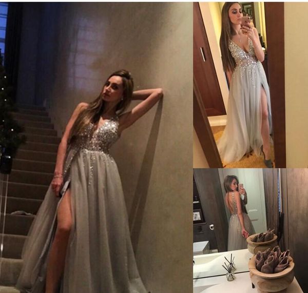 2017 real ps berta evening dresses deep v neck sequins tulle high split long gray evening gowns sheer backless prom party gowns, Black
2017 real ps berta evening dresses deep v neck sequins tulle high split long gray evening gowns sheer backless prom party gowns, Black