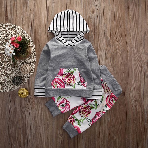 wholesale- toddler baby girl boy floral hoodies +long pants 2pcs outfits set clothes, White