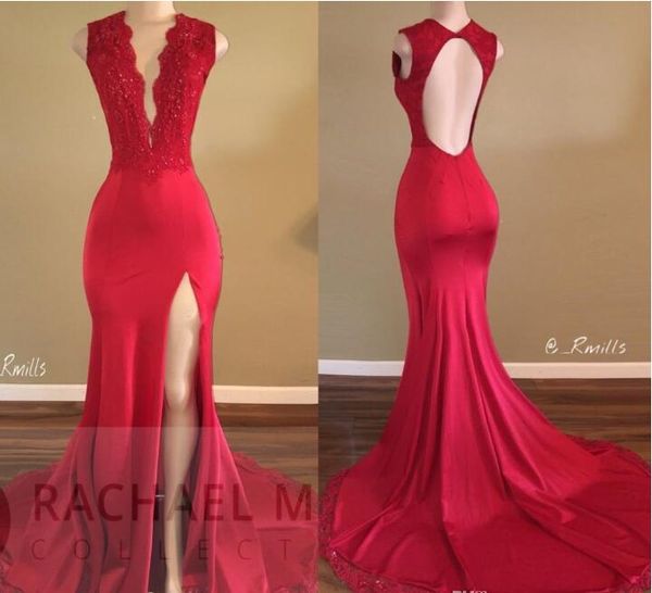 2017 red plunging v neck mermaid prom dresses 2017 new arrival lace appliqued sequins high split evening gowns open back lon, Black
2017 red plunging v neck mermaid prom dresses 2017 new arrival lace appliqued sequins high split evening gowns open back lon, Black
