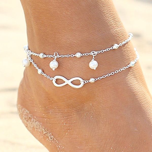 

Lady double 925 terling ilver plated chain ankle anklet bracelet barefoot andal beach foot jewelry