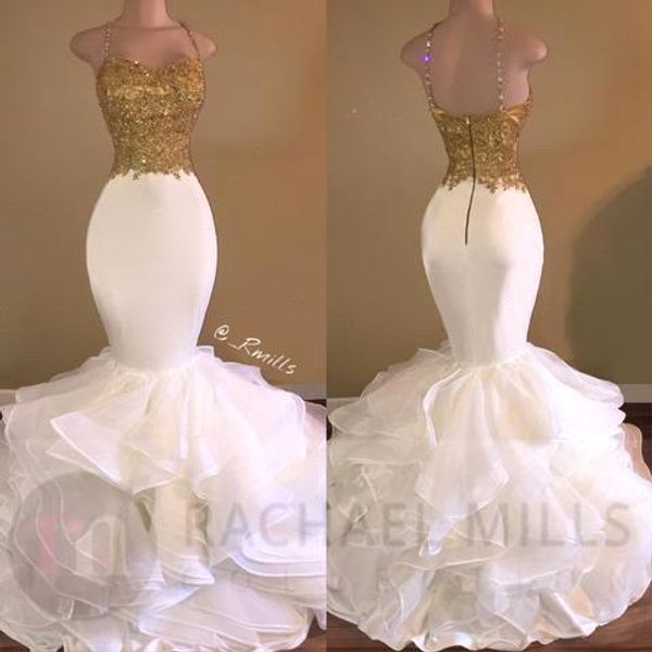 new arrival mermaid prom dresses 2019 long halter neck gold applique organza tiered beads sequins formal dress evening party gowns, Black
new arrival mermaid prom dresses 2019 long halter neck gold applique organza tiered beads sequins formal dress evening party gowns, Black
