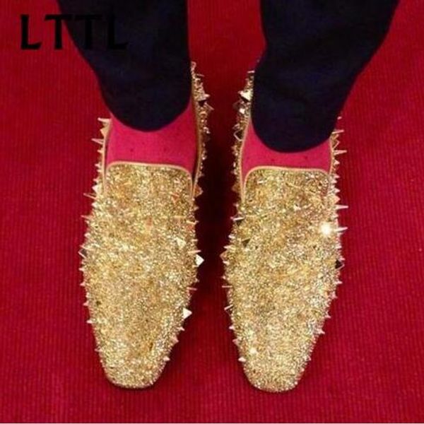LTTL Newest men shinny glitter gold silver green blue spikes shoes slip on loafers rivets men casual shoes Party And Prom Shoes