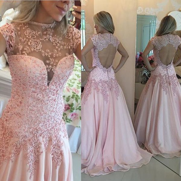 delicate pink lace appliques prom dress sweep train with crystals open back evening dress vestidos cortos de gala, Black
delicate pink lace appliques prom dress sweep train with crystals open back evening dress vestidos cortos de gala, Black