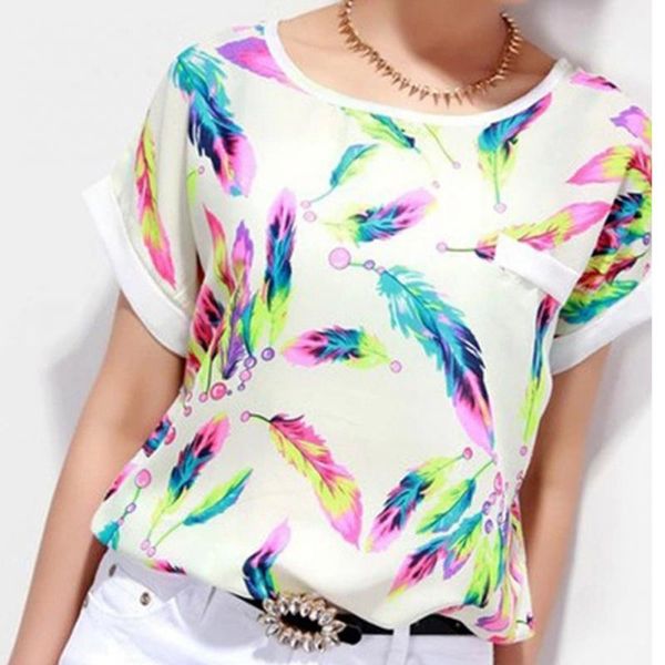 wholesale- fashion summer feather printed women short sleeve t-shirts plus size tshirt chiffon tee shirt femme, White
wholesale- fashion summer feather printed women short sleeve t-shirts plus size tshirt chiffon tee shirt femme, White