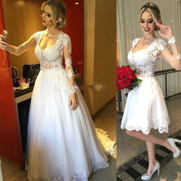 vestido de novia two pieces long sleeve beach wedding dresses in one detachable bridal gowns with lace and pearls robe de mariage 2017, White
vestido de novia two pieces long sleeve beach wedding dresses in one detachable bridal gowns with lace and pearls robe de mariage 2017, White