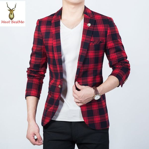 

wholesale- black and red checked printed jacket blazer men slim fit plaid mens blazers fashion 2017 new tartan masculino plus size 5xl, White;black