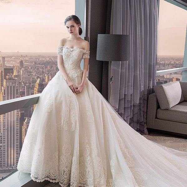 off the shoulder crystals beading applique lace ball gowns wedding dress with royal train short sleeves bridal dresses, White
off the shoulder crystals beading applique lace ball gowns wedding dress with royal train short sleeves bridal dresses, White