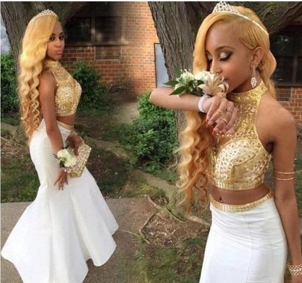 white and gold two pieces prom dresses 2017 high neck beaded with rhinestones mermaid evening formal dress, Black
white and gold two pieces prom dresses 2017 high neck beaded with rhinestones mermaid evening formal dress, Black