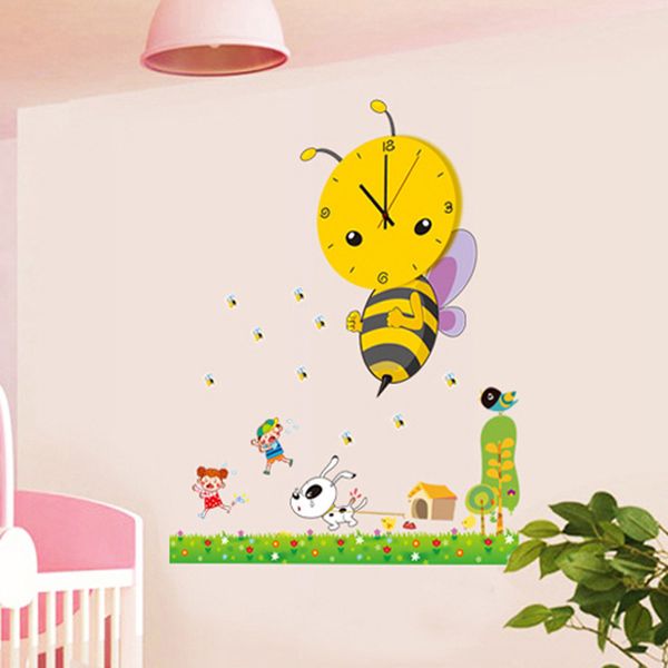 

wholesale- 3d diy cartoon wall clock modern design bee sticker /clocks with wall paper decoration for living room bedroom home decor