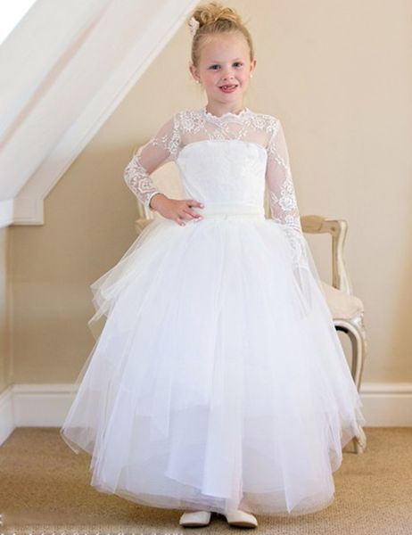 long sleeve puffy skirt a-line flower girls' dresses sheer o-neck cute first communion dresses for girls vestidos de primera comunion, White;blue
long sleeve puffy skirt a-line flower girls' dresses sheer o-neck cute first communion dresses for girls vestidos de primera comunion, White;blue