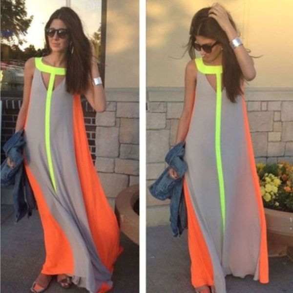 

Fahion Chiffon Bright Color Patchwork Casual Dresses Sleeveless Sundress Loose Long Dress Cheap Women Summer Boho Maxi Dresses, 4_color