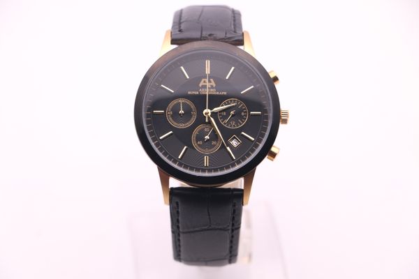 2017, aehibo new brand, new men's watches, vk quartz chronograph running seconds movement, black leather strap, black dial, golden poin, Slivery;brown